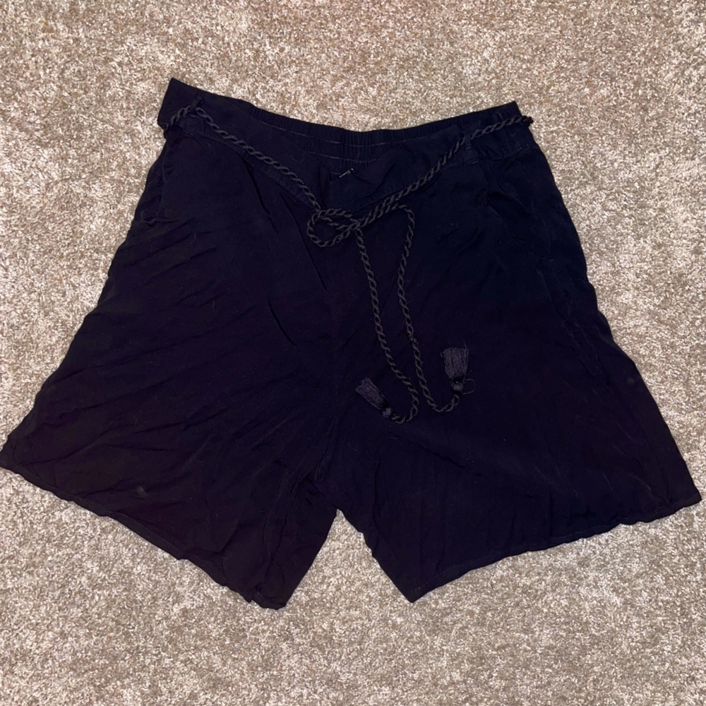 Black Flowy High Waist Shorts With Tie